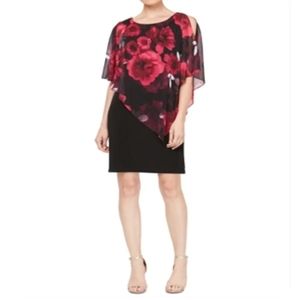 Sheath Dress with Assymetrical Overlay Red Floral Ruffle Trim Cape Dress Size 14